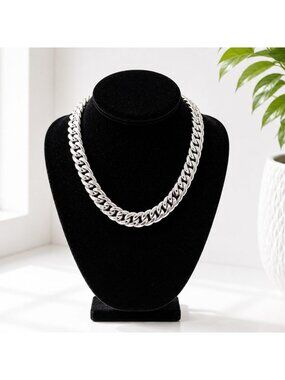 Silver-Tone Chunky Cuban Link Chain Necklace With Lobster Clasp And Adjustable L